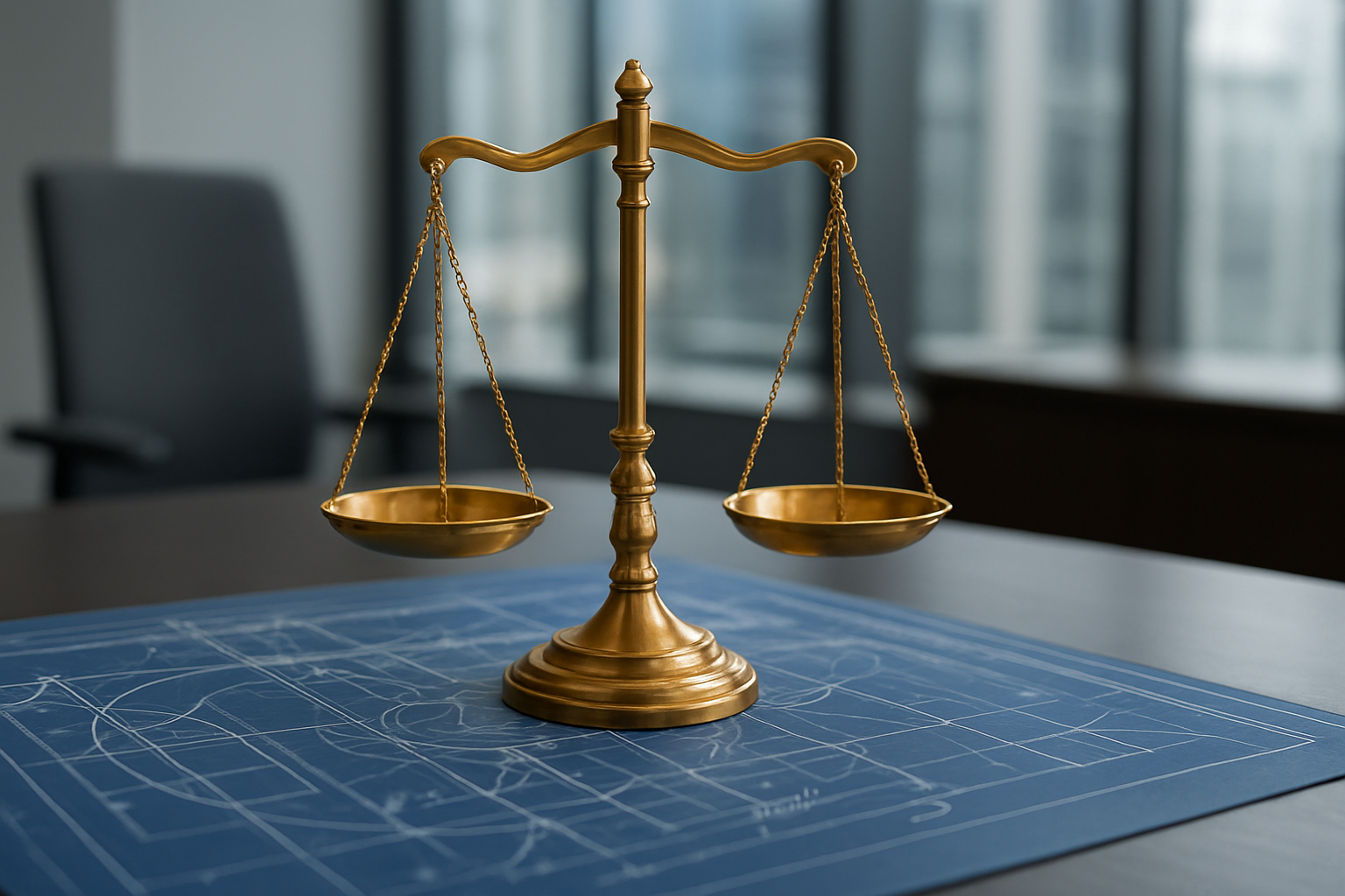 A golden scale of justice on a blueprint background in a modern office setting.